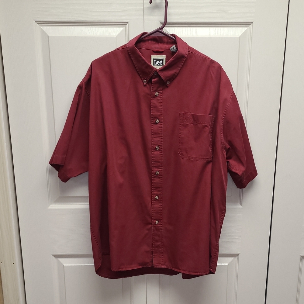 Lee Men's Dark Red/Burgandy Casual Button Down Short Sleeve Shirt 2XL
